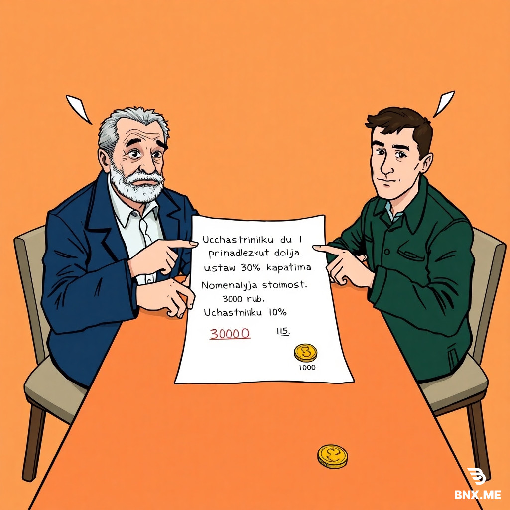 Colorful european comic book style, ligne claire, clear black ink outlines, flat colors. Two men sitting at a wooden brown table: elderly Sidorov (dark blue jacket, gray hair, wrinkles) on left, young Petrov (dark green jacket, short dark hair) on right. They point at a large paper showing: "Uchastniku 1 prinadlezhit dolja 30% ustavnogo kapitala nominalnaja stoimost 3000 rub. Uchastniku 2 - 10% nominalnaja stoimost 1000 rub." Next to text, two coin piles: three gold coins labeled "3000", one gold coin labeled "1000". Empty white speech bubbles above both heads, completely empty. Background pale orange.