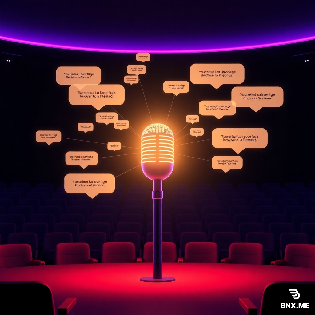 A minimalist 3D scene featuring a central glowing microphone. Emanating from the microphone are concentric, translucent soundwaves that transform into perfectly connected network nodes and speech bubbles filled with english phrases. The background is a dark auditorium with empty seats. Sleek, futuristic design, neon purple and blue lighting. --ar 1:1