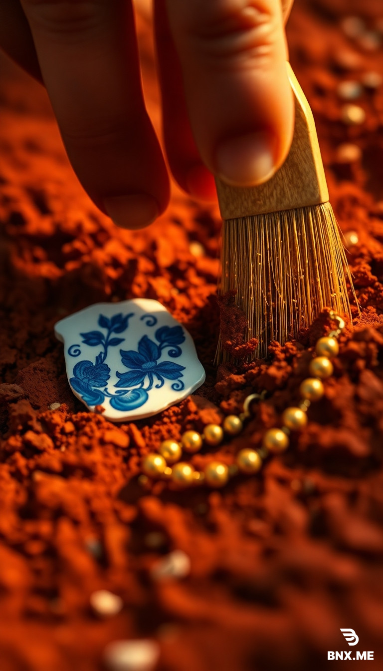 Visual Prompt:* A macro, highly detailed 3D shot of an archaeologist’s hand brushing dirt away from the soil. Emerging from the red earth is a delicate blue-and-white Ming Dynasty porcelain shard lying next to a gold-beaded necklace. The lighting is soft and golden, symbolizing the rediscovery of lost history. Sharp focus, museum-quality detail, cinematic atmosphere.