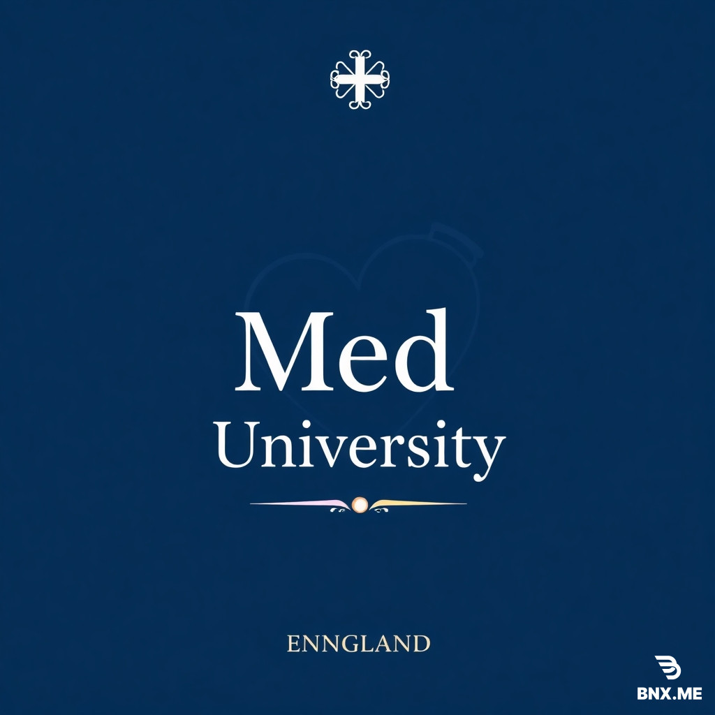 A very elegant and minimalist medical poster design. White and deep blue color scheme. At the top center, a small decorative medical cross or logo. Below it, the word "Med" in a modern serif font. Under that, "University" in a clean sans-serif font. The background features a soft, faded, artistic silhouette of a human heart and stethoscope. At the bottom, there is a subtle decorative line and the text "ENNGLAND" and a small web address. The overall style is luxury, clean, high-end, suitable for a prestigious medical university poster. 4k resolution, sharp focus, professional typography.