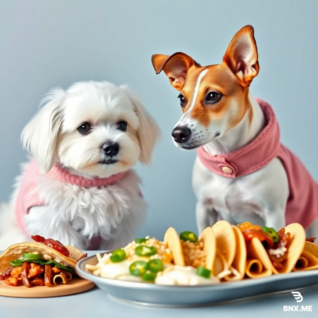 a Maltese dog (all white, long hair, fluffy, black eyes and nose, drooping ears, rounded teddy-bear like face) and a Jack Russel dog (all white except brown ears and eye area, a white crridor betweeen the eyes) wearing pretty dog coats looking at a platter of tacos. The two dogs should be same size but very different