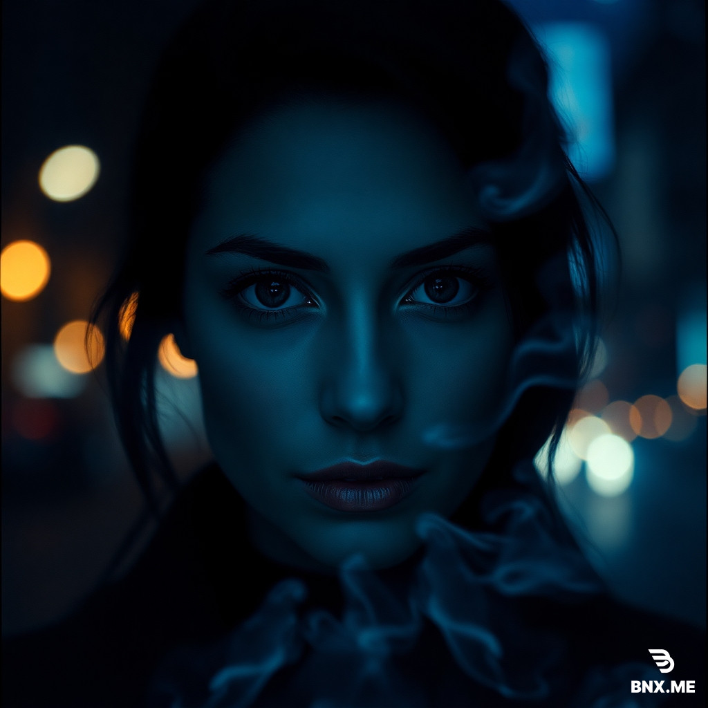 hyperrealistic double exposure portrait, woman looking directly into camera, face blended with city lights and drifting subtle smoke particles, cold blue and cyan tones, deep black shadow areas, dark elegant mood, high contrast, cinematic lighting, 35mm film, sharp focus on eyes, moody and haunting, --ar 1:1 --v 6, yes remain sharp and in focus despite overlay, soft bokeh city lights,