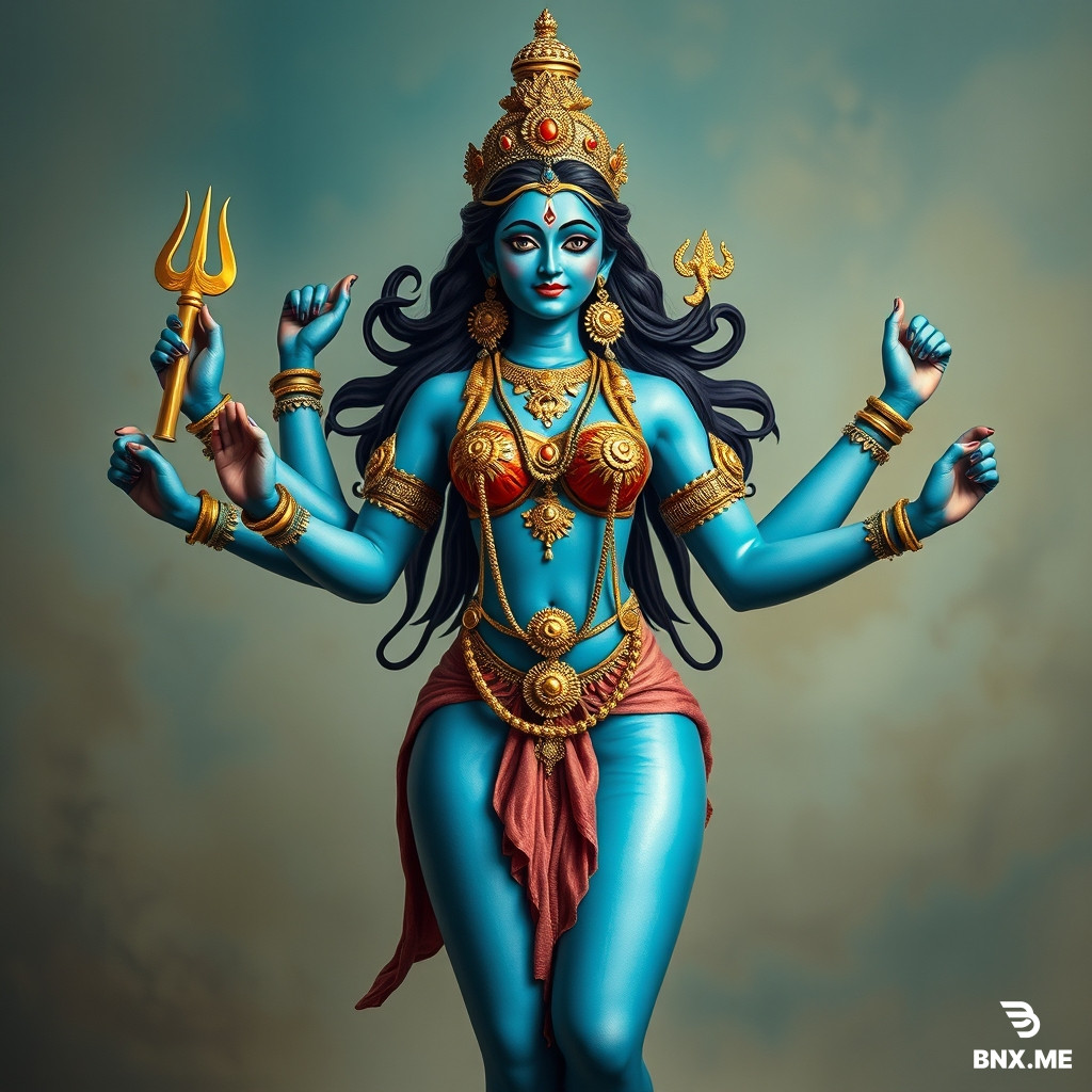 hindu goddess durga blue skin six arms holding hindu ornaments in small tight bikini