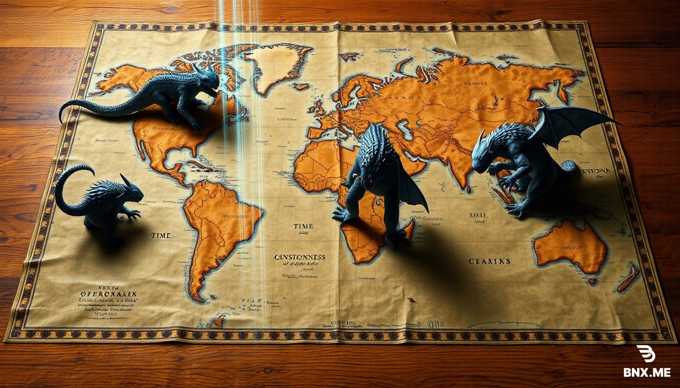 A Renaissance-style world map laid on a wooden table that is fragmenting into pixels. On the map, mythological creatures labeled "Time," "Consciousness," and "Gravity" appear as solid 3D monsters breaking through the paper, trying to become real. But a "Descent Algorithm" visualized as a vertical beam of scanner-light moves across the scene, deconstructing the monsters layer by layer: first they lose their color (interpretation layer), then their 3D volume becomes wireframe (model layer), then binary code (data layer), until they flatten into pure L0 events — just dots on the map. The table beneath reveals itself to be made of circuits. Style: glitch art meets classical oil painting, vaporwave aesthetics, anamorphic transformation, hyper-detailed texture work, cinematic depth of field, sense of epistemological cleansing.