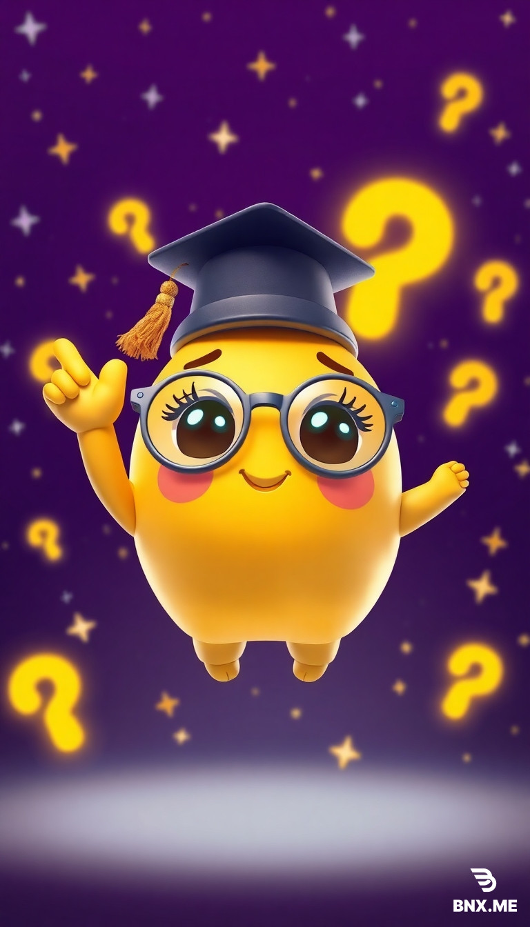 Background: Deep purple night sky with twinkling stars, glowing question marks floating)  "3D animated cute golden star character Lumi with oversized round baby-blue glasses slightly crooked on face, tiny tilted graduation cap with dangling gold tassel, big round brown eyes with long eyelashes and shiny catchlights, rosy pink cheeks, small heart-shaped smile, short chubby arms with rounded tiny fingers, stubby legs with tiny toes, floating in center of a deep purple night sky with twinkling golden stars and floating glowing question marks in the background, pointing upward with excitement and wonder, stars twinkling around, happy curious expression, Pixar/Illumination animation style, soft volumetric rim lighting, vibrant preschool colors, glossy textures, high detail, 8k resolution, bright cheerful expression, vertical 9:16."