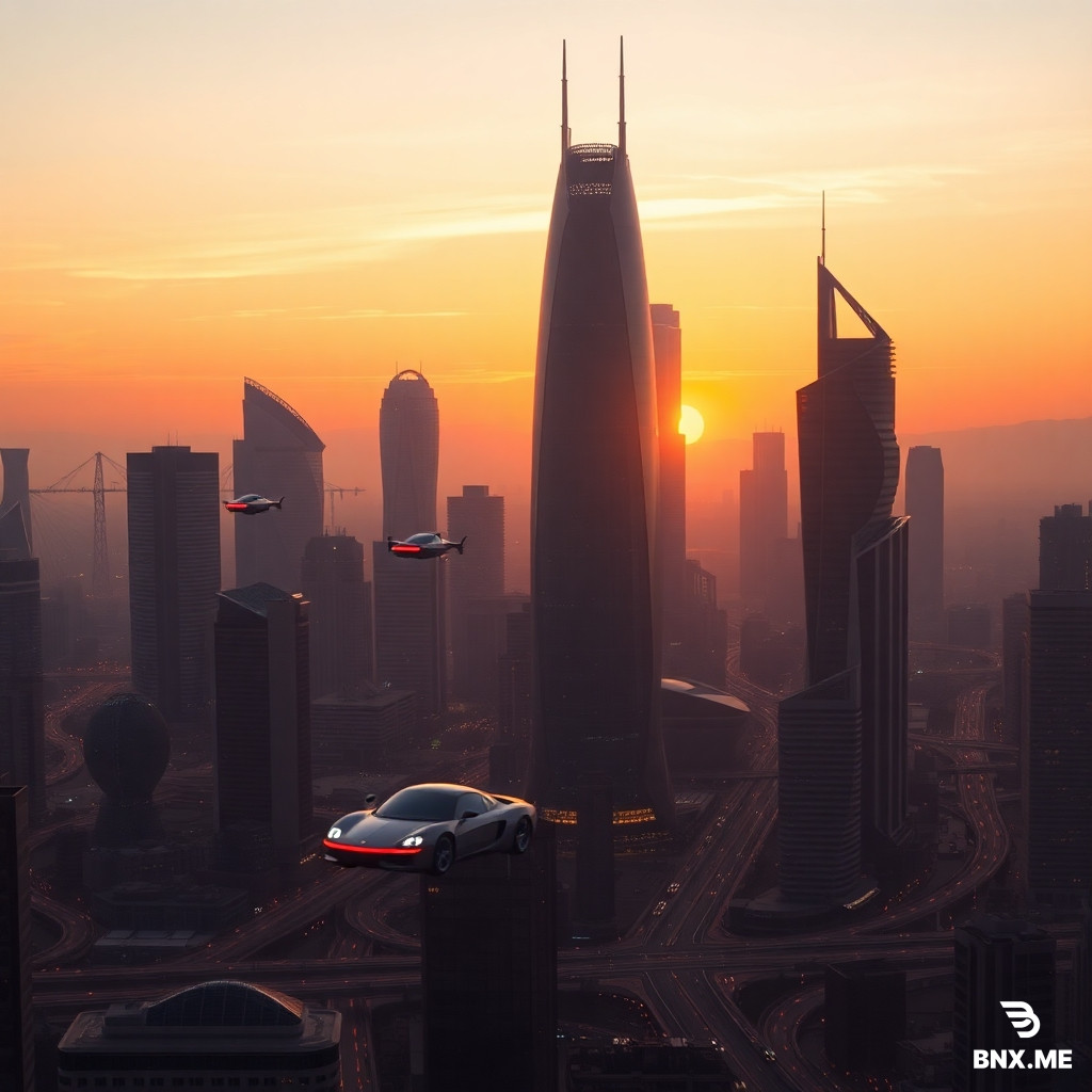 a futuristic city skyline at sunset with flying cars