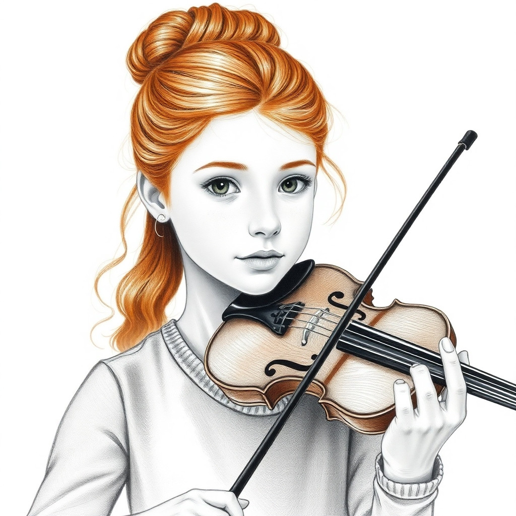 14-year-old girl, light reddish-brown wavy hair in a neat tight bun on crown, very narrow elongated face with round chin, small narrow green-hazel eyes, pear-shaped figure, 160 cm, playing violin, pencil sketch, soft shading, realistic portrait, graphite art, monochrome, high detail