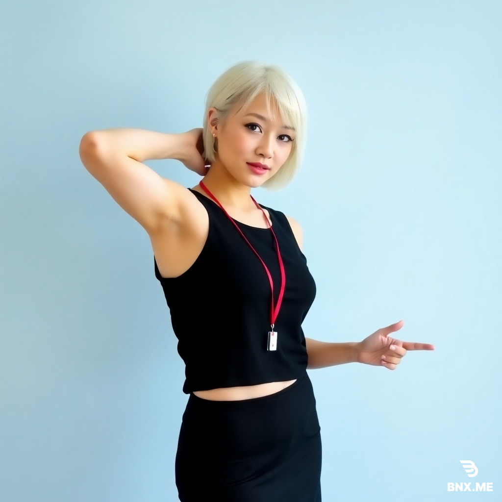 A woman with short white hair, dressed in a black sleeveless top and skirt, poses confidently against a light blue wall backdrop. Her left hand rests behind her head while her right arm extends out to the side, drawing attention to her slender figure. A red lanyard adorns her neck, featuring a small white tag that adds a touch of professionalism to her overall demeanor. The soft, diffused lighting creates a subtle contrast between the cool tones of the background and the warm undertones of her skin, resulting in an ethereal atmosphere that exudes both elegance and playfulness.