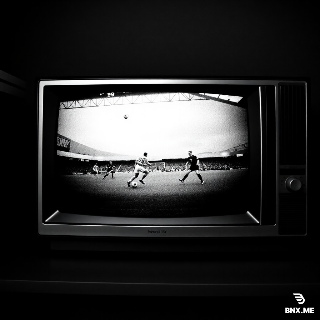 Scene: Black screen to vintage TV text Black and white grainy 1990s football footage, Newcastle United playing, old television screen with scan lines, nostalgic vintage effect, 4:3 aspect ratio make it animation