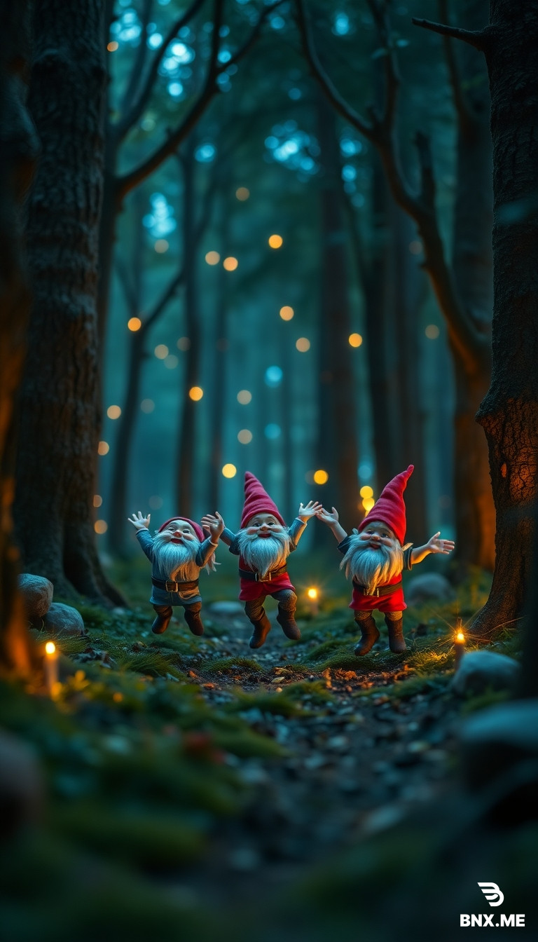 Little gnomes in a fairytale forest jumping for joy