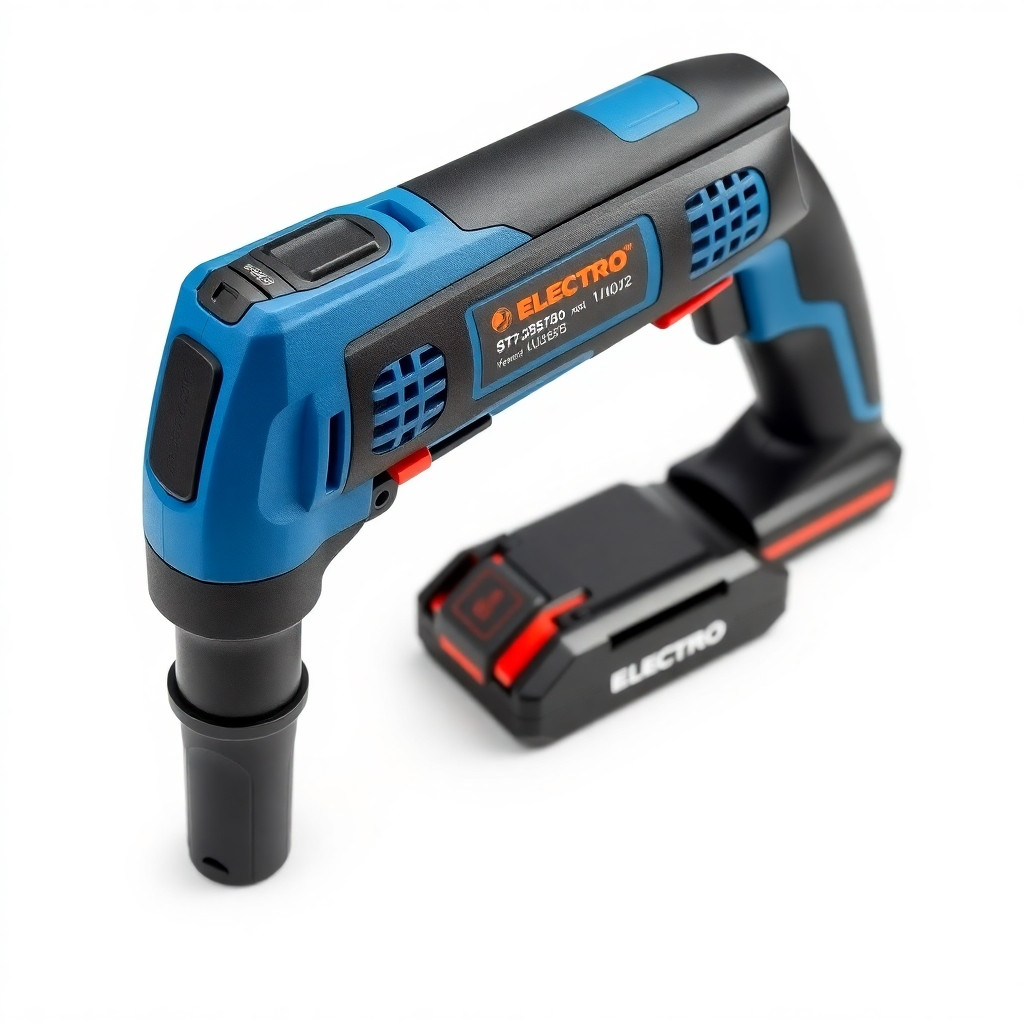 Professional product photography of a cordless electric screwdriver, blue and black color scheme, with a prominent sticker that reads "ELECTRO" on the body, studio lighting, isolated on a clean white background, high detail, sharp focus, commercial catalog style, 8K resolution, no shadows