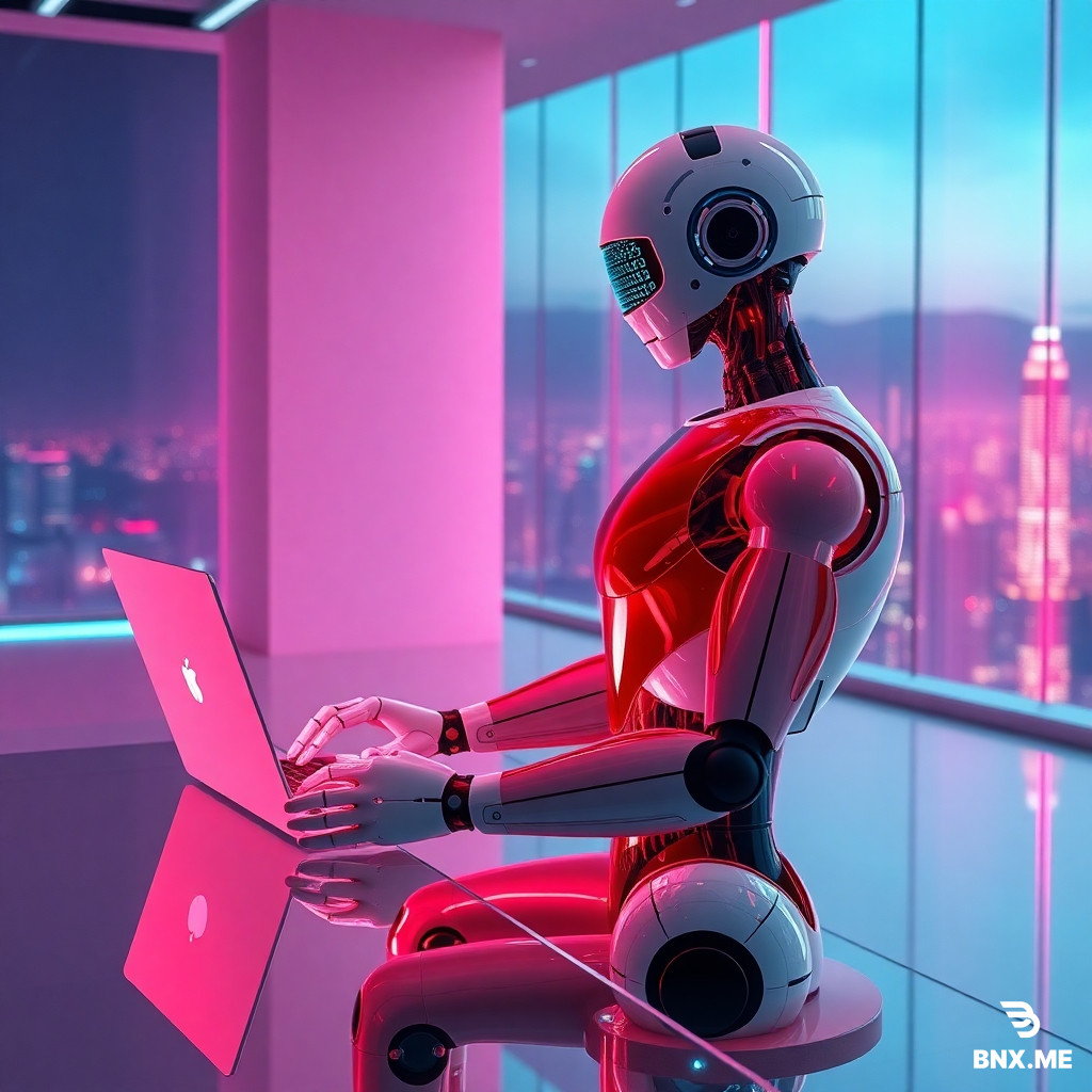 A futuristic humanoid AA highly advanced humanoid AI robot with a glossy crimson-red translucent glass-like body, revealing subtle internal glowing circuits and mechanical core, standing confidently in a futuristic minimalist gallery, ambient pink and red neon lighting reflecting off its smooth glass surface, sleek humanoid form with elegant proportions, matte black joints and hands, head with a smooth visor displaying a soft blue digital pattern, photorealistic, hyper-detailed, 8k, cinematic volumetric lighting, sharp focus, no text, no animals, pure sci-fi aesthetic, unreal engine 5 render, masterpiece compositionI robot with a flawless white and chrome metallic body, seated gracefully at a minimalist glass desk, interacting with a glowing transparent holographic laptop, floating digital equations and AI neural network nodes surrounding it, background is a luxurious futuristic penthouse with panoramic night city view through floor-to-ceiling windows, neon blue and violet ambient lighting reflecting off the robot’s surface, photorealistic, hyper-detailed, cinematic depth of field, award-winning composition, moody sci-fi aesthetic, 8k, unreal engine 5 render style, sharp focus, no animals, only robot