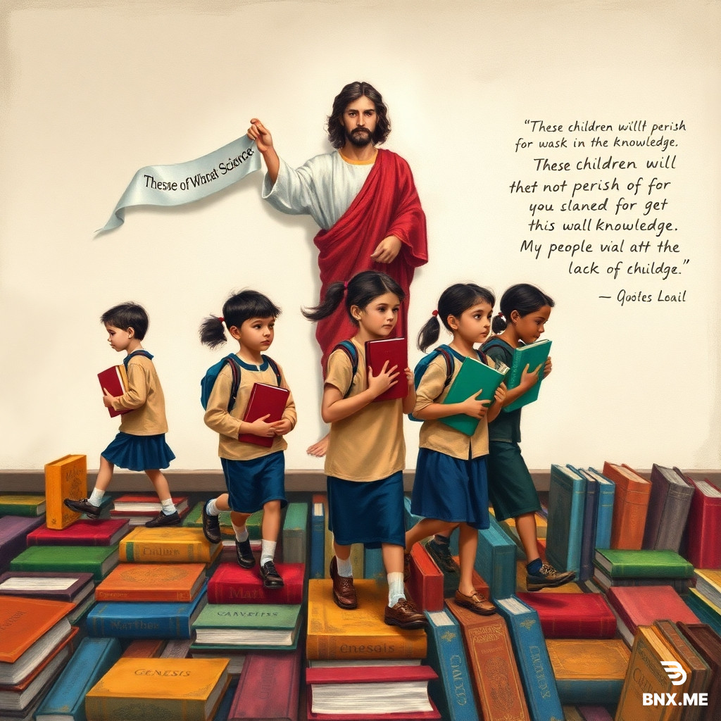 Using the Artist Anthe Capitan-Valais’ stylized motion paintings create In a horizontal format approx 4.5 h x 17 w Create images of boys and girls 4-16 years of age and various ethicity dressed  in Royal Palm Academy ( of Naples Florida) uniformss of various ages from 4-16 carrying books  as they walk along a path made up of of books. These books should have titles on them that say English, Math, Science, Matthew, Luke, Mark, Corinthians, Genesis,  with Christ holding a banner from one hand to the other. He should be behind the students as a shadowed at 20% opacity. He should be  on the wall behind the students stretching from the book path to the ceiling. the banner that Christ figure is holding is to read: “ these children will not perish for they seek knowledge” in lower right hand corner of the wall should be the passge from the bible that states “ My people will perish from lack of knowledge. The Chriist figure should be place behine the children standing from top of book path to ceiling. The drawing should be scaled to 4.5” x 17” long and should be produced in a vector file for scaling. the children should be dressed in Royal Palm Academy uniforms.