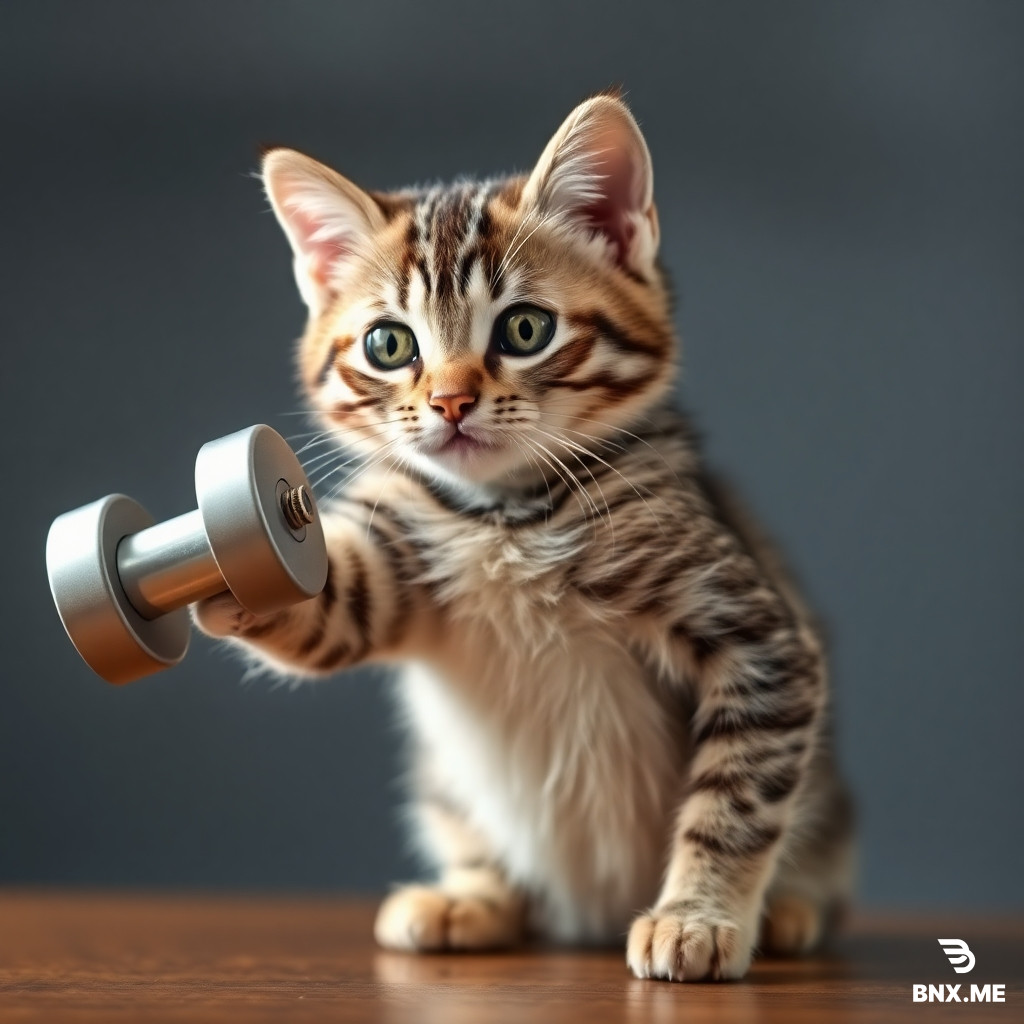 A silver tabby kitten is pumped up and doing a bicep exercise with one dumbbell
