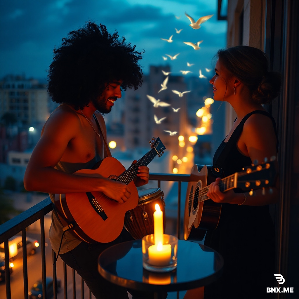 8h  an intimate night-time scene of a curly hair human playing bongoes on a small balcony in a Latin American city, soft warm streetlights below, a guitar resting beside her, There is another woman at the balcony, listening, one person looking at the other with a tender, calm smile, the other looking out at the sky as if feeling free, subtle transparent a candle on the table between them slowly dissolving into small glowing birds flying upward, symbolizing "tactic and strategy" turning into freedom, warm golden and deep blue color palette, cinematic soft focus, gentle bokeh lights, poetic, romantic, minimalist composition, 4k, ultra detailed, concept art
