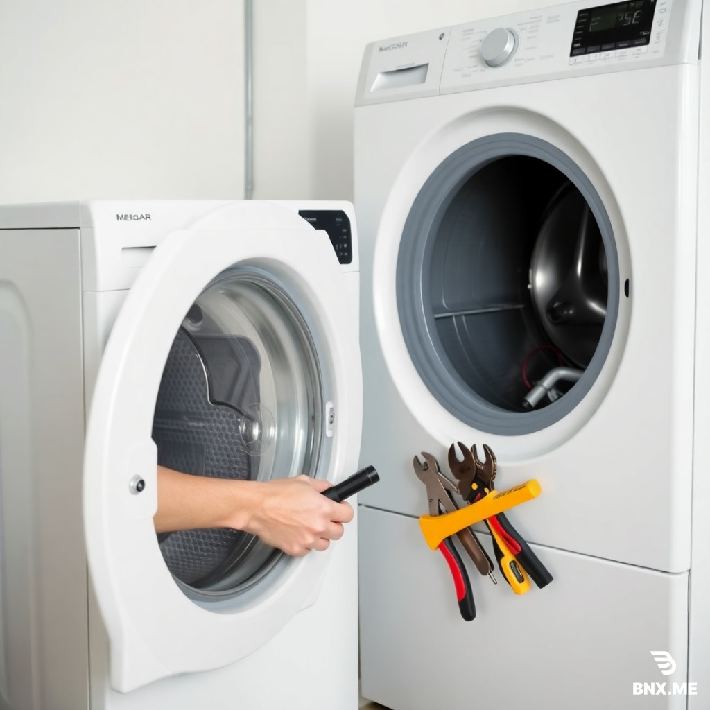 Photo of a repairman in overalls with tools repairing a washing machine.