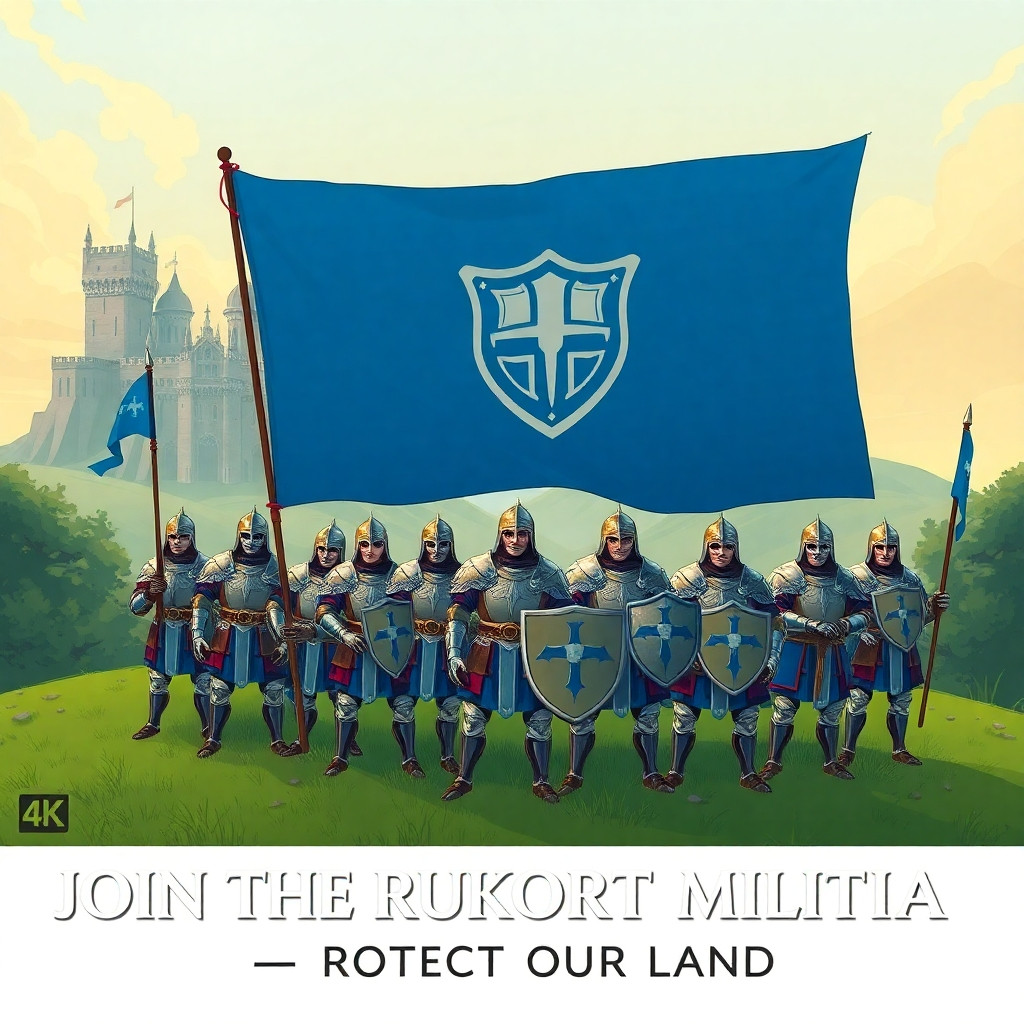 Epic fantasy recruitment poster for the guild "RUKORT". A group of brave heroes in shining armor stands together on a green hill, holding a large blue banner with a shield emblem. In the background, a majestic castle with towers. Pastel color palette: soft green and sky blue. Warm sunset lighting, friendly and inspiring atmosphere. No weapons visible, only shields and flags. Text at the bottom: "JOIN THE RUKORT MILITIA — PROTECT OUR LAND". Style: classic fantasy illustration, highly detailed, 4k, cinematic.