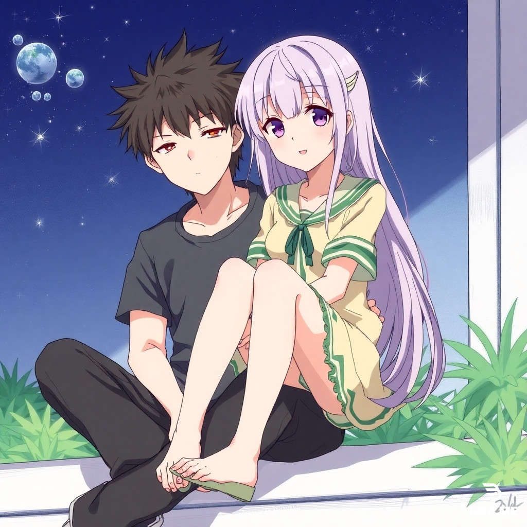 An anime girl sitting on a boy’s lap