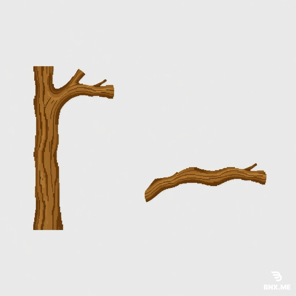Three separate pixel art tiles of a wooden tree branch in a top-down view. One left end, one middle section, and one right end. The style is a wooden texture in forest colors, designed as a tileset for a puzzle border. Each tile is 32x32 pixels, with a transparent background and a seamless connection between them.