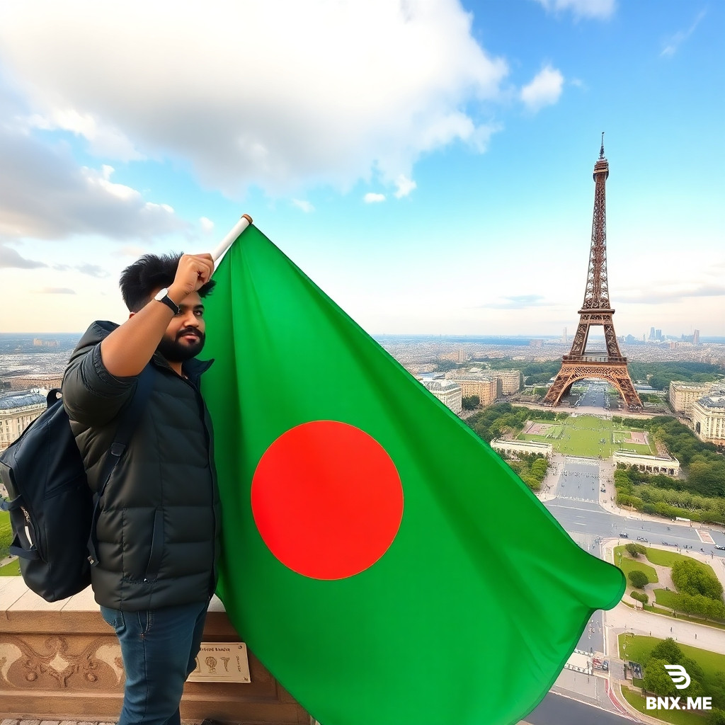 A Bangladeshi guy holding the Bangladeshi flag on the top of the Eiffel Tower