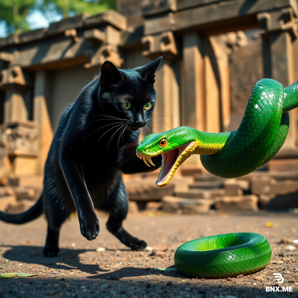 A sleek, jet-black domestic cat, eyes narrowed to emerald slits, lunges with primal ferocity at a coiled, emerald-scaled tree viper, its fangs glinting, in an action-packed time-lapse sequence. The frantic dance of hunter and hunted unfolds at an accelerated pace, each strike, dodge, and hiss a blur of intense motion against a backdrop of ancient, sun-dappled temple ruins, where shadows subtly shift over the duration of the relentless combat. The camera executes a ground-level, handheld tracking shot, capturing extreme close-ups of tensed muscles and rapid reflexes, then pulling back for wide, dynamic sweeps of the chaotic struggle, punctuated by whip pans that follow their lightning-fast movements. Shot at 24fps with cinematic motion blur, 2., --ar 16:9, wide-angle cinematic shot, panoramic view