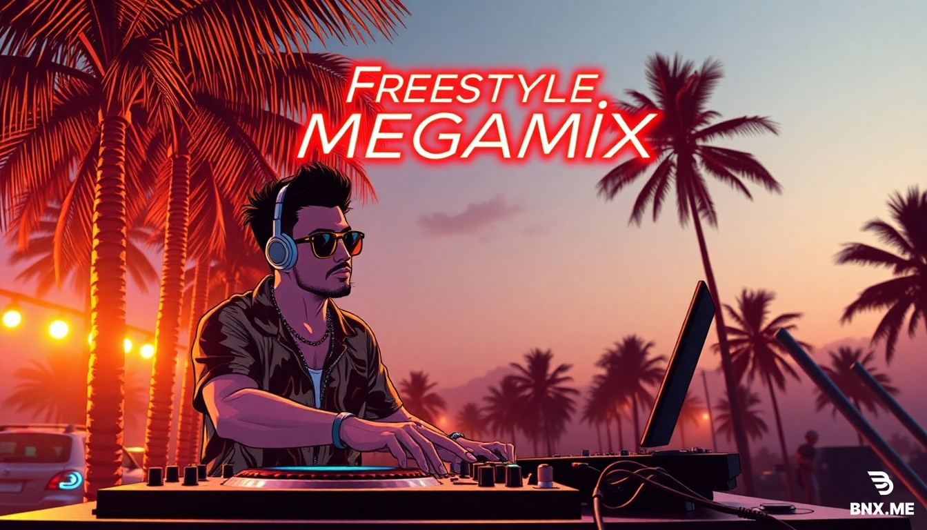 Palm trees in the background. A latin DJ is at the turntables. The word "Freestyle Megamix" is written in neon letters at the top of the image. The image is in a comic style.