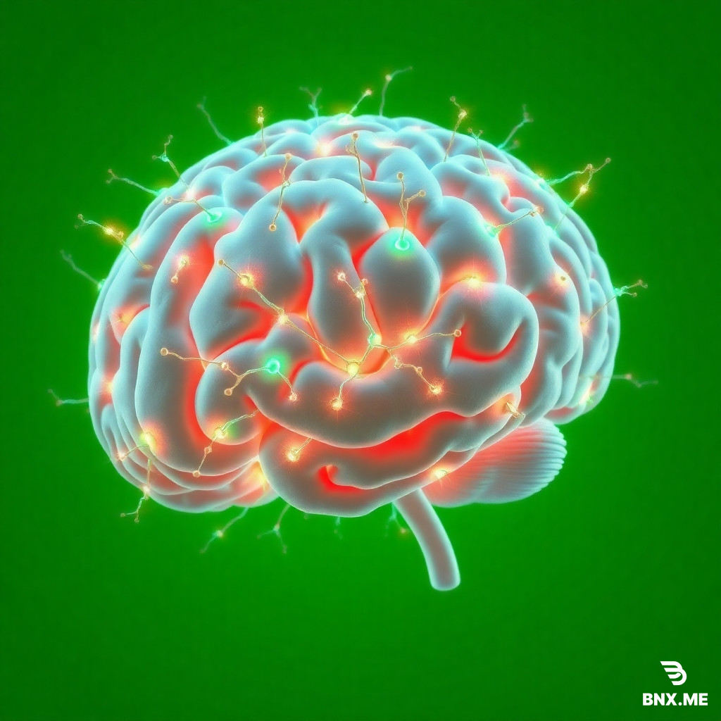 A 3D rendered brain with glowing neurons, active synapses firing brightly, and subtle caffeine-infused sparks traveling across neural pathways. Pure green background, hyper-detailed textures.