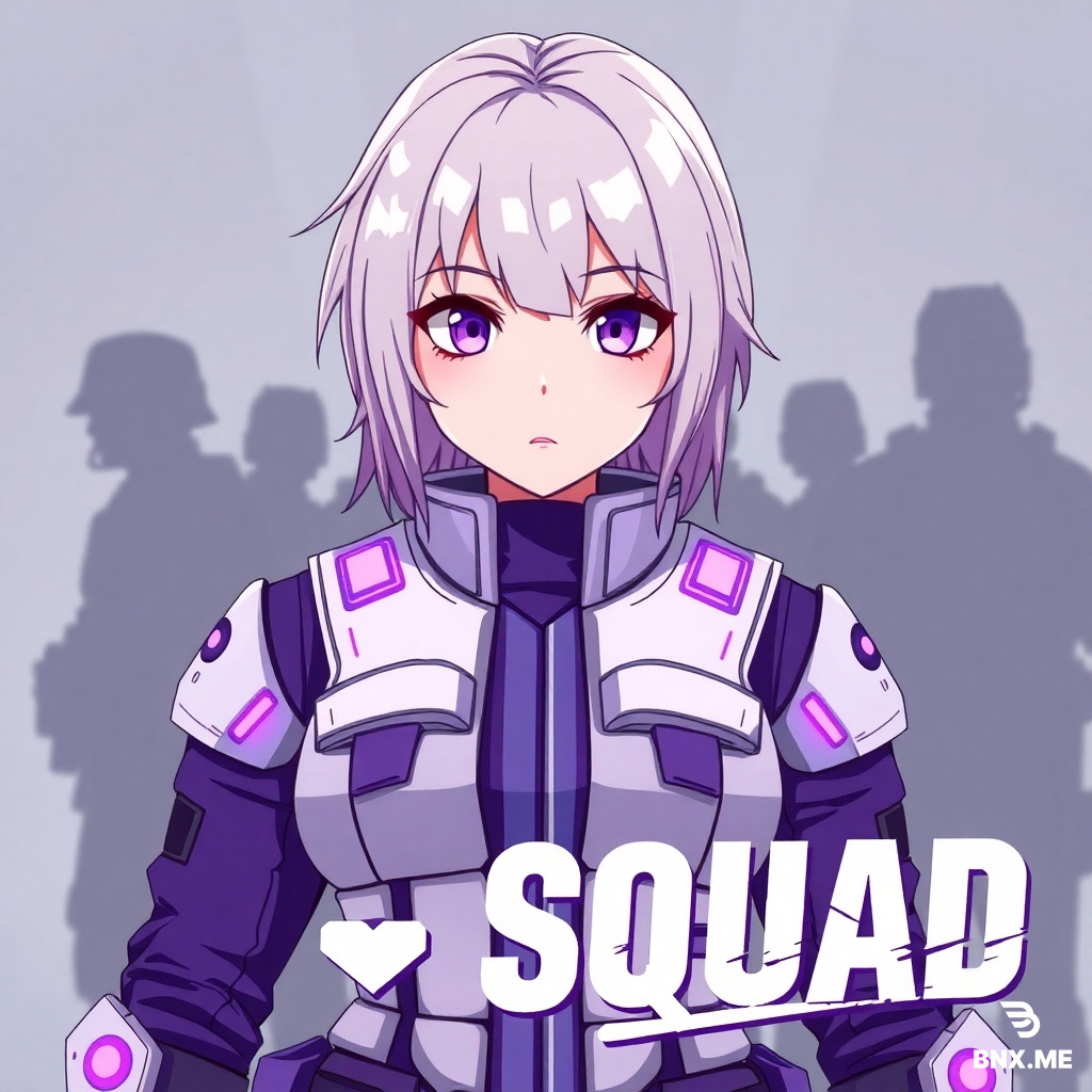 Anime style, square Discord avatar, white and purple color scheme. Front view of a female officer or soldier in stylized tactical gear inspired by the game Squad, light anime features. Purple armor/vest with white inserts, purple glowing accents on the uniform. Background: abstract tactical background or silhouettes of soldiers. At the bottom or on the right side, large stylish text "Кф Squad" in grunge/cyberpunk font, white with purple outline. Mood: serious, battle-ready, with anime elements (big expressive eyes, dynamic pose). Aspect ratio 1:1