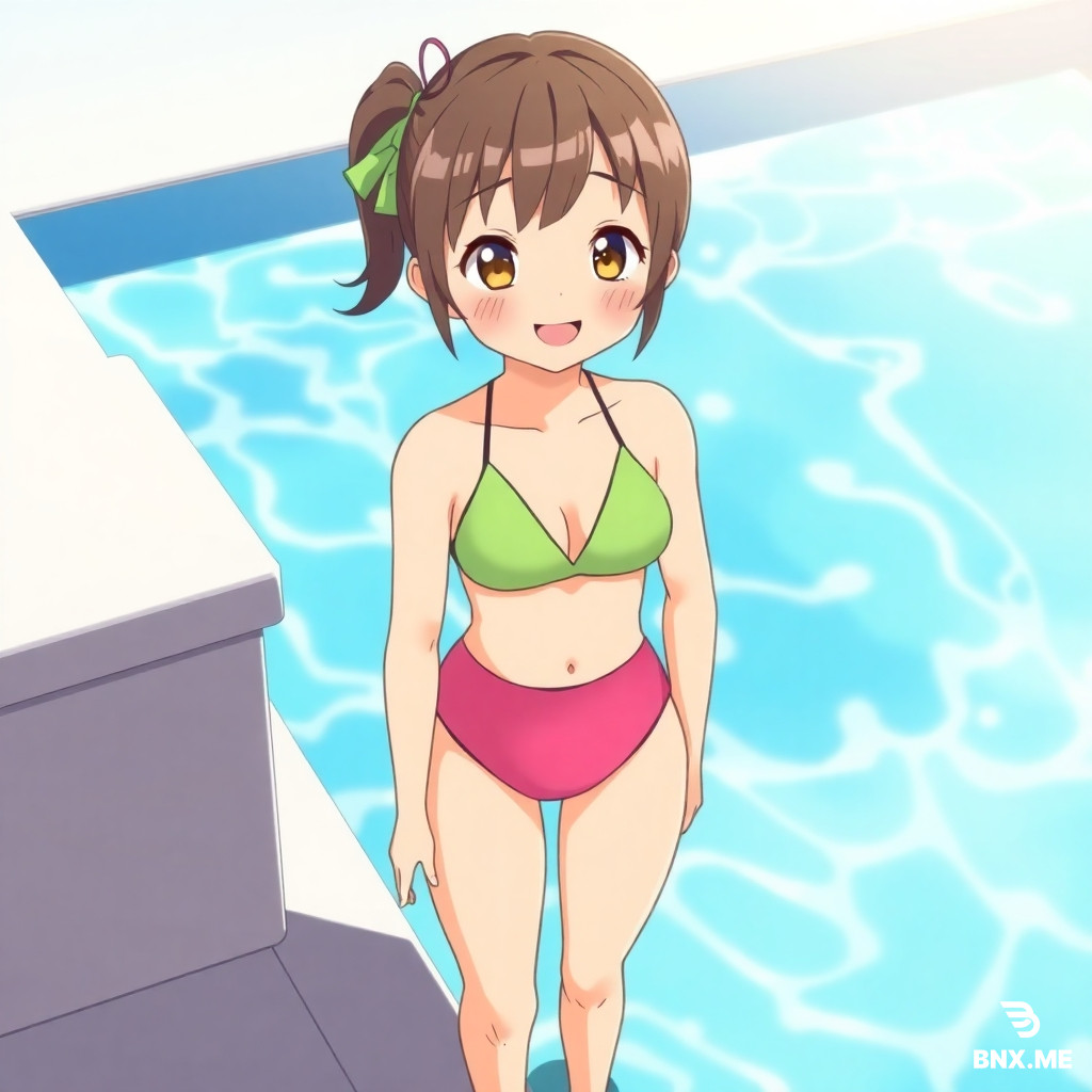 adorable young girl wearing a revealing two piece bathing suit standing near a swimming pool