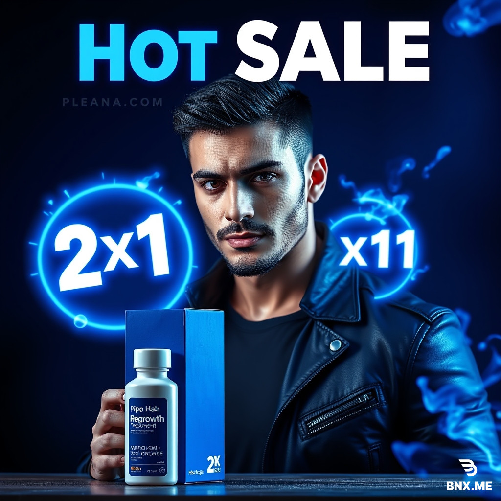 A high-impact, aggressive promotional poster for Mexican social media, "Hot Sale" style. Color Palette: Dark blue and black with electric blue neon lighting, cool tones, high contrast. Foreground: A blue and white cardboard box and a white bottle with a dropper, representing a hair regrowth treatment product. Background: A completely different handsome Latino man (sharp jawline, short textured dark hair, well-groomed short stubble beard), looking confident and stylish, wearing a dark blue leather jacket. Visual Style: Dramatic cinematic lighting, macho aesthetic. Glowing blue embers or cool energy effects floating around. Typography & Layout: Large bold promotional text at the top, a big glowing blue "2x1" sign, circular blue badges with checkmarks on the left side. The overall vibe is intense, energetic, and highly commercial. 8k resolution, photorealistic, advertising photography. --ar 4:5