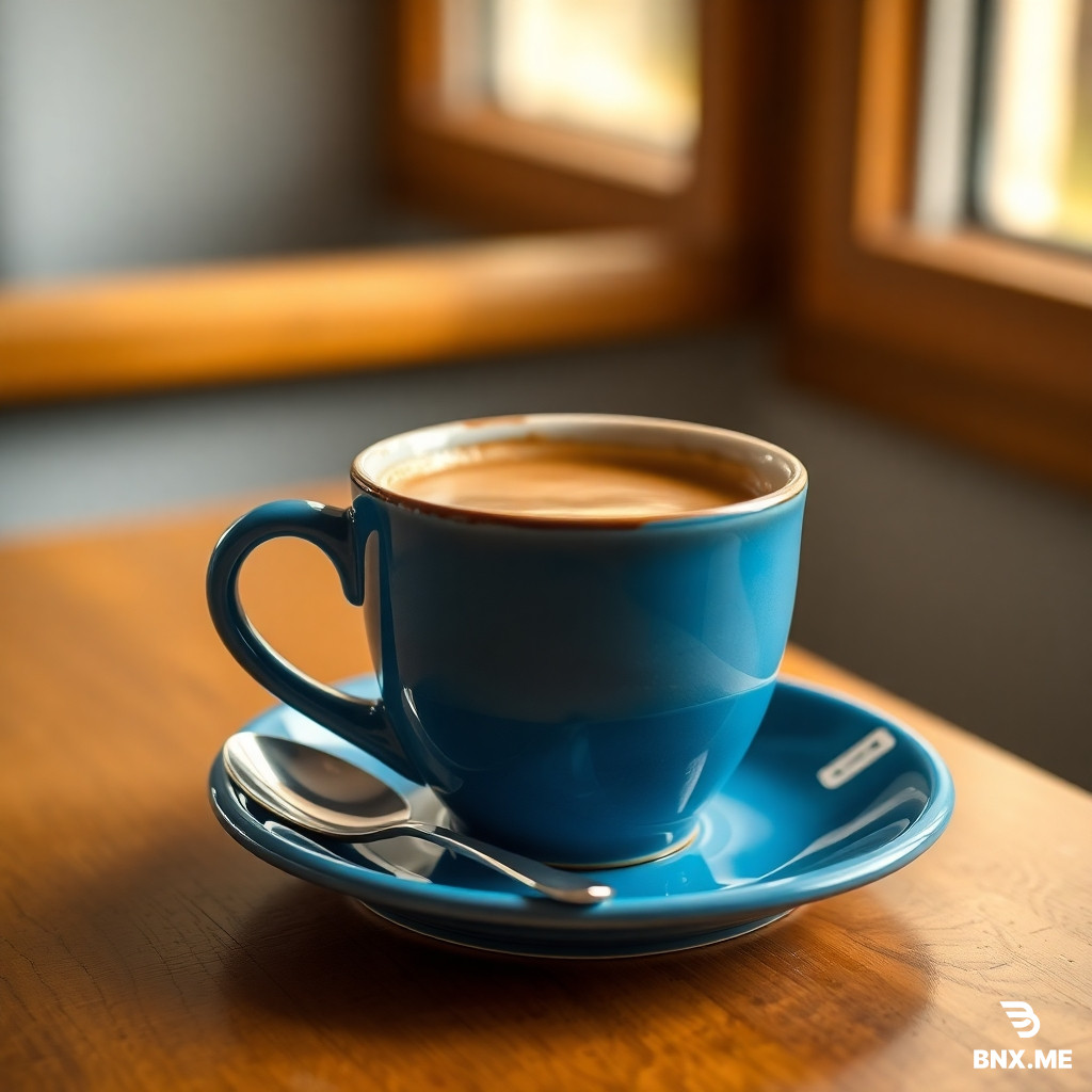 A blue ceramic coffee cup on a wooden table, with a silver spoon next to it, warm morning light from a window, high resolution photography, 4K --seed 142