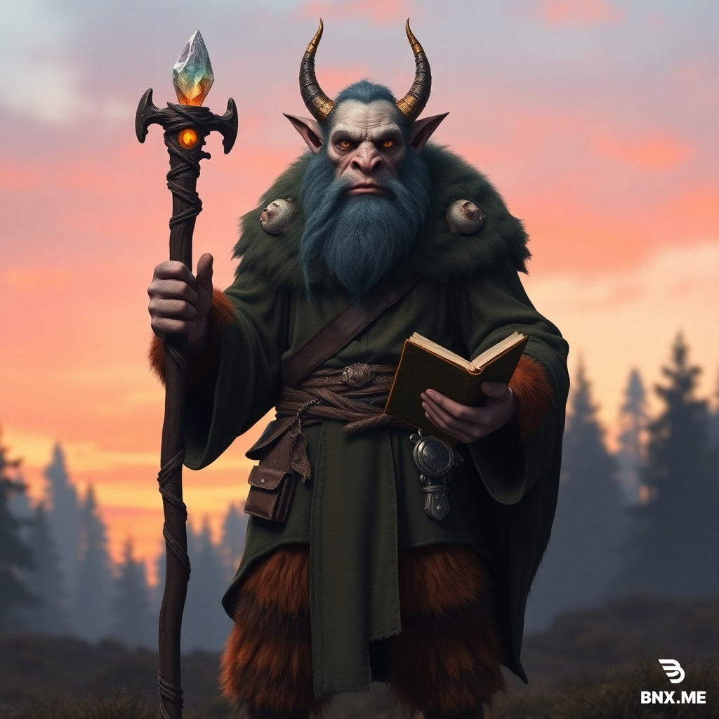 "A full-body portrait of a 2-meter-tall male Firbolg wizard named Mindartis, wearing detailed traveling wizard robes and gear (as shown in reference image 2), with bestial yet gentle facial features, large pointed ears, a prominent nose, pale grayish-blue skin, thick reddish-brown fur on his arms and legs, carrying a gnarled wooden staff with a glowing crystal at the top, standing in a mystical forest clearing at twilight, holding an ancient spellbook, cinematic lighting, highly detailed, digital fantasy art style, 8k, sharp focus, wide-angle shot, D&D character art — using the character appearance from image 1 and the outfit from image 2, blend them seamlessly."
