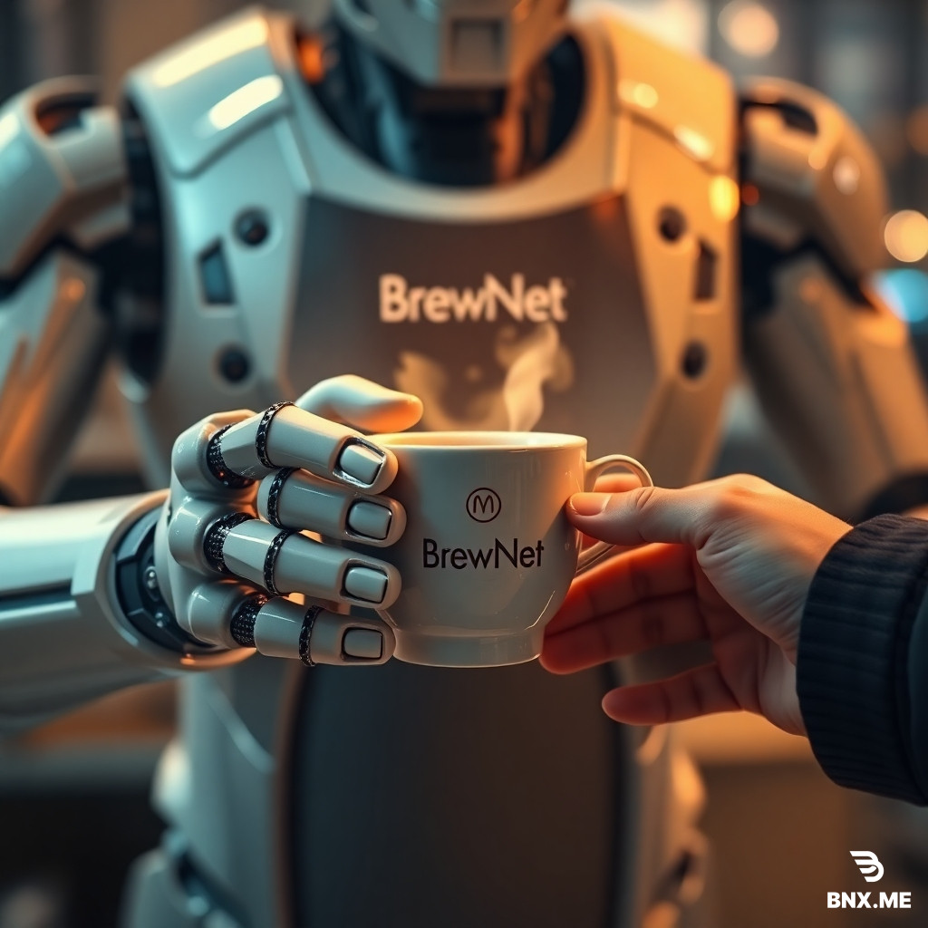 A cinematic, hyper-detailed poster of a futuristic robot barista handing a steaming ceramic cup of coffee to a human customer — extreme close-up on both sets of hands and fingers, showing mechanical articulation and soft, realistic human skin. The robot has a small logo on its chest that reads “BrewNet” in clean sans-serif, warm cinematic rim lighting, shallow depth of field, 8k detail, photorealistic, subtle film grain. Emphasize realistic fingers and correct anatomy, no extra or missing digits, no floating limbs. Include a faint cityscape bokeh in the background.
