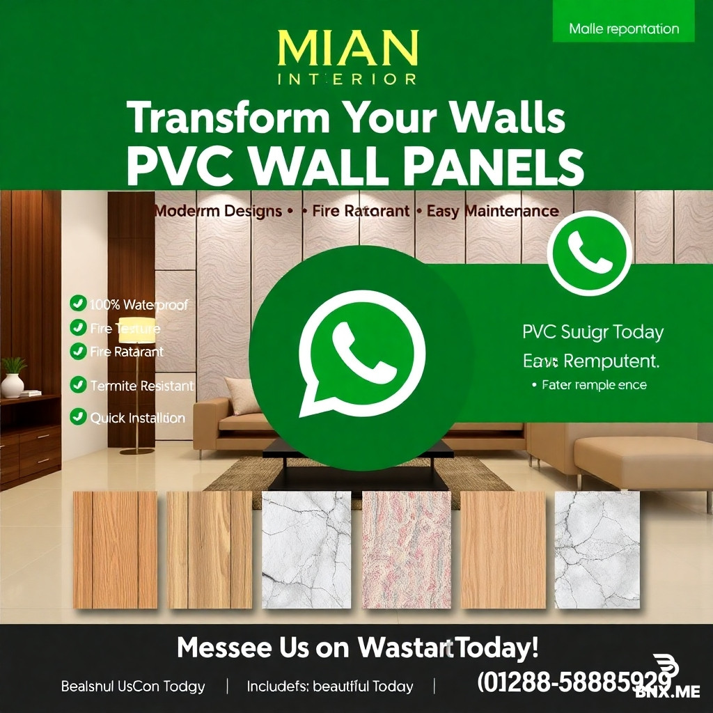 Create a premium WhatsApp marketing campaign poster for a PVC Wall Panel business.  Brand Name: MIAN INTERIOR  Use the uploaded "MI" logo prominently at the top center.  Contact Information: WhatsApp: 0328-5888829  Design Style:  * Modern, luxury, and professional * Premium interior design aesthetic * Green, black, white, and gold color palette * High-end furniture and modern living room background featuring PVC wall panels * Clean layout suitable for WhatsApp marketing campaigns * Square format (1080x1080) for WhatsApp and Facebook ads  Main Headline: "Transform Your Walls with Premium PVC Wall Panels"  Subheadline: "Modern Designs • Waterproof • Fire Retardant • Easy Maintenance"  Show realistic PVC wall panel samples at the bottom in multiple finishes:  * Wood texture * Marble texture * Stone texture * Modern decorative texture  Feature Icons: ✓ 100% Waterproof ✓ Fire Retardant ✓ Termite Resistant ✓ Easy to Clean ✓ Durable & Long Lasting ✓ Quick Installation  Call to Action: "Message Us on WhatsApp Today"  Display a large WhatsApp icon beside: 0328-5888829  Include beautiful before-and-after room transformation visuals showing an ordinary wall transformed into a luxurious PVC panel feature wall.  Do NOT include:  * Discounts * Offers * Sale percentages * Price tags * Limited-time offers * Any promotional badges  The final design should look like a premium interior decoration brand advertisement, suitable for running as a WhatsApp Messages Campaign and generating customer inquiries.