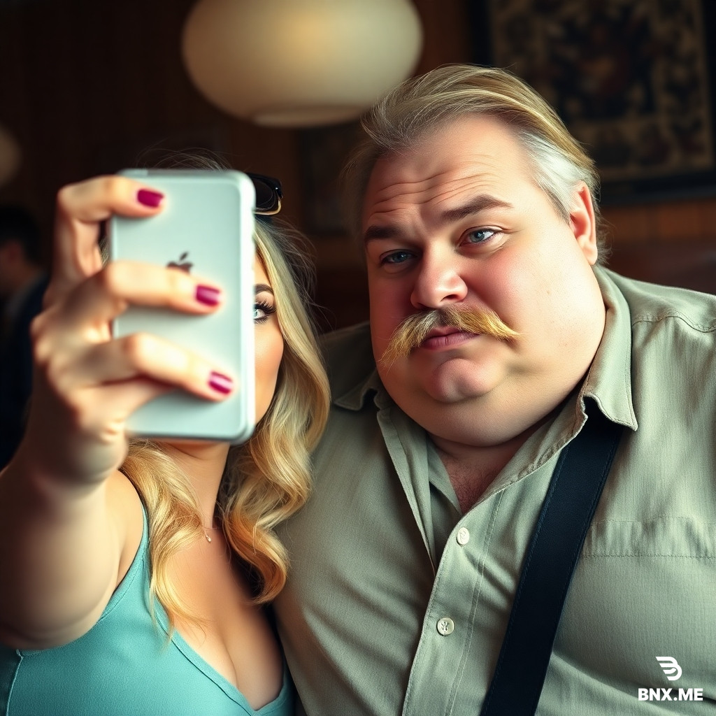 A blonde woman taking a selfie. But while taking that selfie she looks at her phone exactly . She has big operational lips and tits . She is with an ugly ,fat man with a mustache