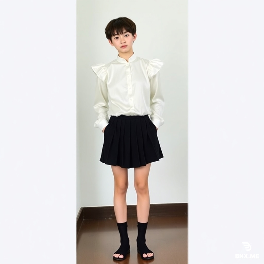A full-length image of a 18 yo Japanese boy wearing a white satin blouse with puffy shoulders, a short black pleated skirt, and sheer black ankle socks, standing in a room with a feminine and shy pose.