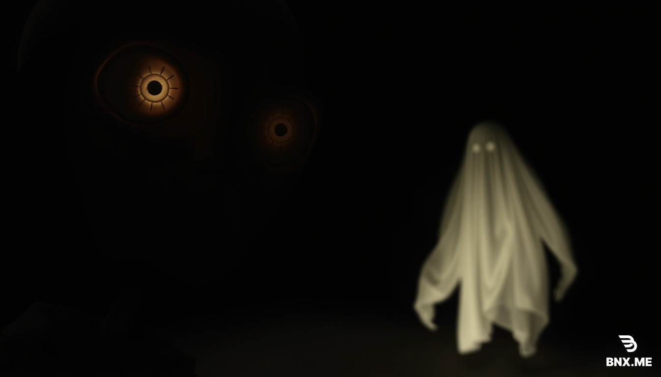 Close up of a stickman face looking terrified, with a faint ghostly shadow standing right behind him in the dark.