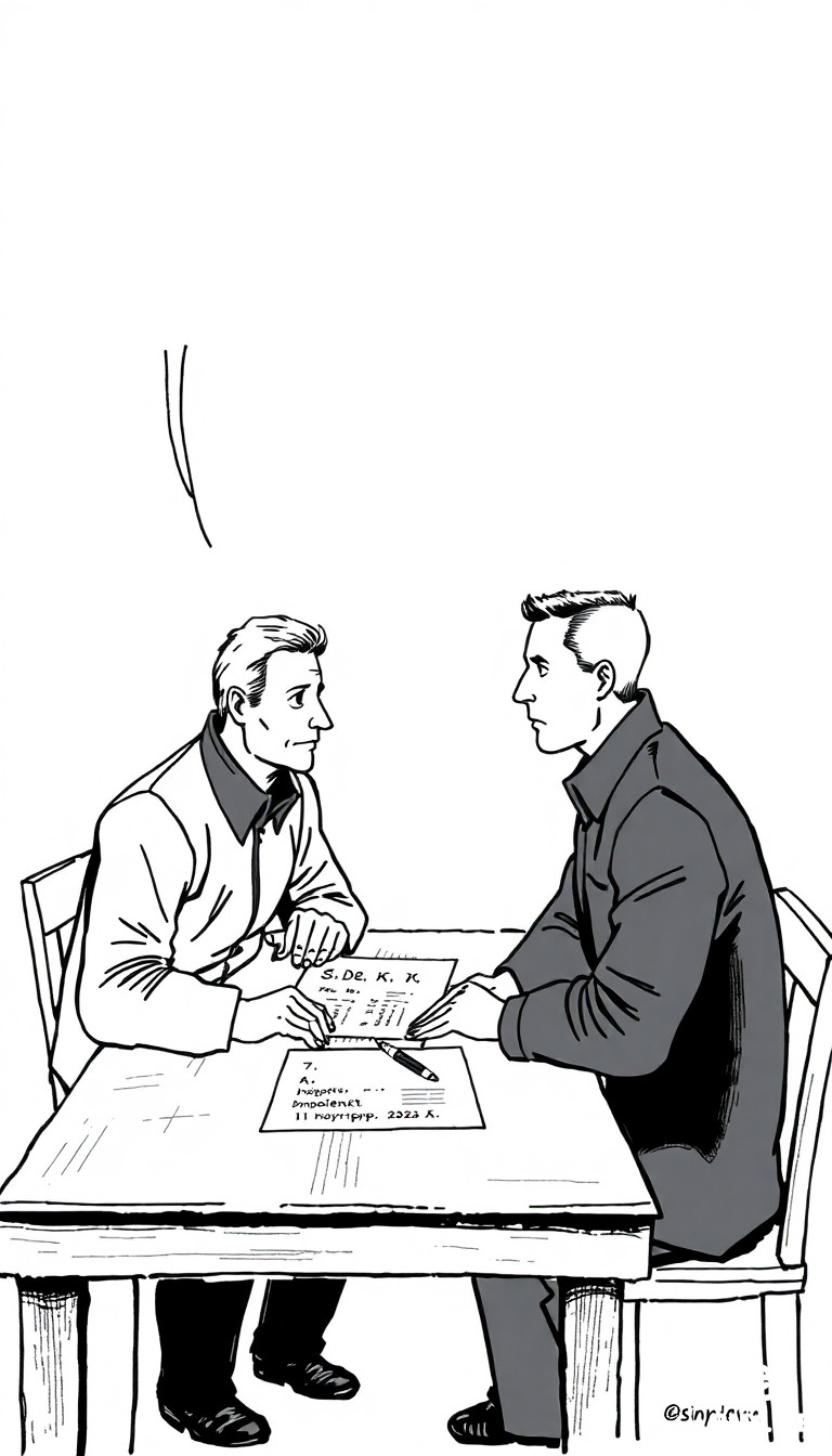European ligne claire comic, black and white ink drawing. Two men sitting at a wooden table facing each other. On the table: a document with visible text "КОРПОРАТИВНЫЙ ДОГОВОР" and "г. Смоленск 11 ноября 2024 г." and a pen. Left: elderly man (Sidorov, 74, thin, wrinkled face, gray combed hair, dark jacket). Right: young man (Petrov, 24, short dark hair, serious expression, dark jacket). Both with neutral poses. Above each head, an empty speech bubble (white circle with black outline, no text). No other people. Background plain. Clean line art, no shading.