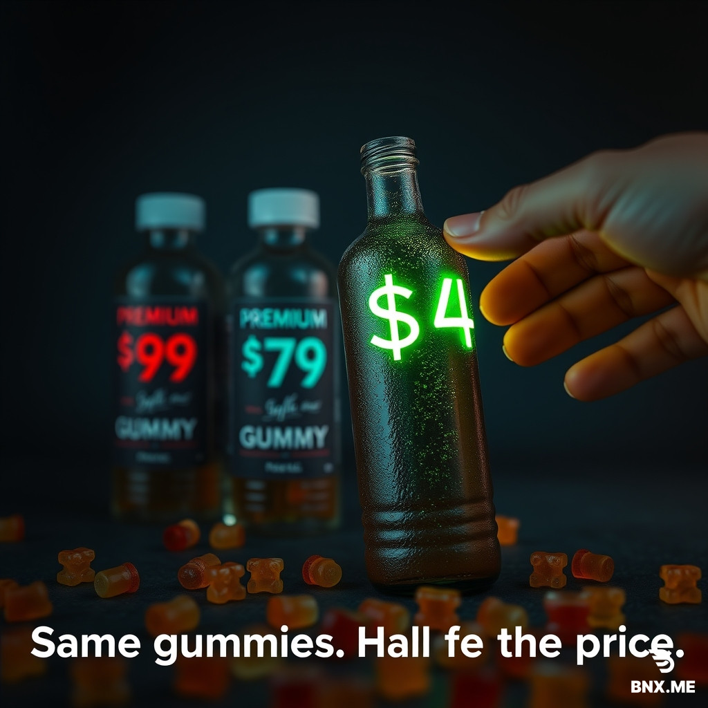 1:1 square composition, dramatic product photography. Dark moody background with subtle gradient from charcoal to deep navy. Center frame: two premium gummy bottles on the left, slightly out of focus, with blurred price tags reading "$89" and "$79" in red – they look cold, corporate, distant. Right frame: one gummy bottle in sharp focus, angled slightly toward camera, with a glowing neon green price tag "$49" – the bottle has condensation, looks fresh, warm lighting hits it. A single hand reaches toward the $49 bottle from the edge of frame, fingers spread, grabbing motion. Scattered gummy bears in the foreground, some blurred. Color palette: dark teal, neon green, warm amber, deep black. Cinematic lighting, shallow depth of field. Photorealistic, 8k, commercial grade.  Text overlay embedded in image: - "$49" in massive bold neon green font, bottom right corner, size 120pt, glowing effect, sans-serif - "Same gummies. Half the price." in clean white sans-serif, bottom left corner, size 28pt, subtle drop shadow - Text occupies ~20% of total image area, placed at edges to not obstruct product - No other text. Clean. Aggressive. Direct.  Priorité visuelle : Le produit reçoit 75 à 80 % de l’attention visuelle. Le flacon occupe environ 65 à 75 % de la hauteur. Le flacon entier reste visible, du bouchon jusqu’à la base. L’étiquette est orientée presque directement vers la caméra. L’étiquette est l’élément le plus net. Aucun objet secondaire ne doit paraître plus grand que le produit. Le décor sert uniquement à expliquer l’angle publicitaire.