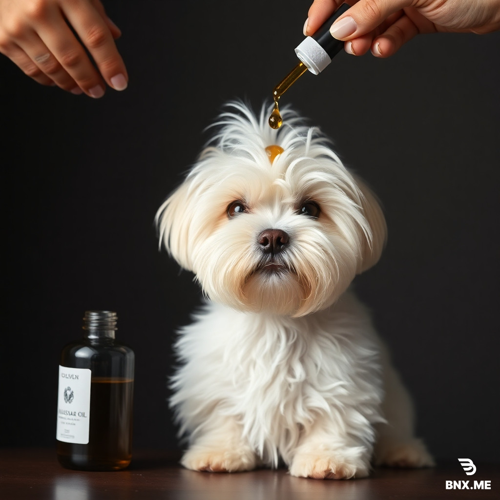 a maltese dog, looking ruffled, with a bottle pouring a few drops of macassar oil over its head, not showing any hand or part thereof and only one bottle