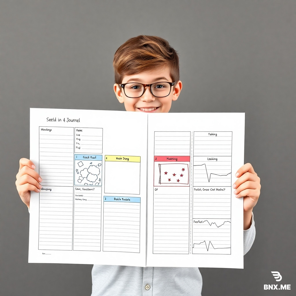 create an image of a student holding a poster divided in 4 journals, make it colorful.