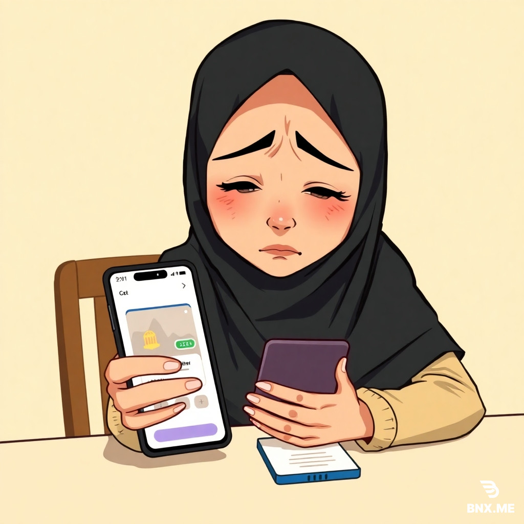 Teenage girl that wears black hijab and beige cloth sitting at a table fidgeting at her phone because she trying to pay her bills while having stressful expression. Art style is 2D cartooneing held by hand. The phone screen display an item being selected and there is a payment button at the bottom. Art style is 2D cartoon