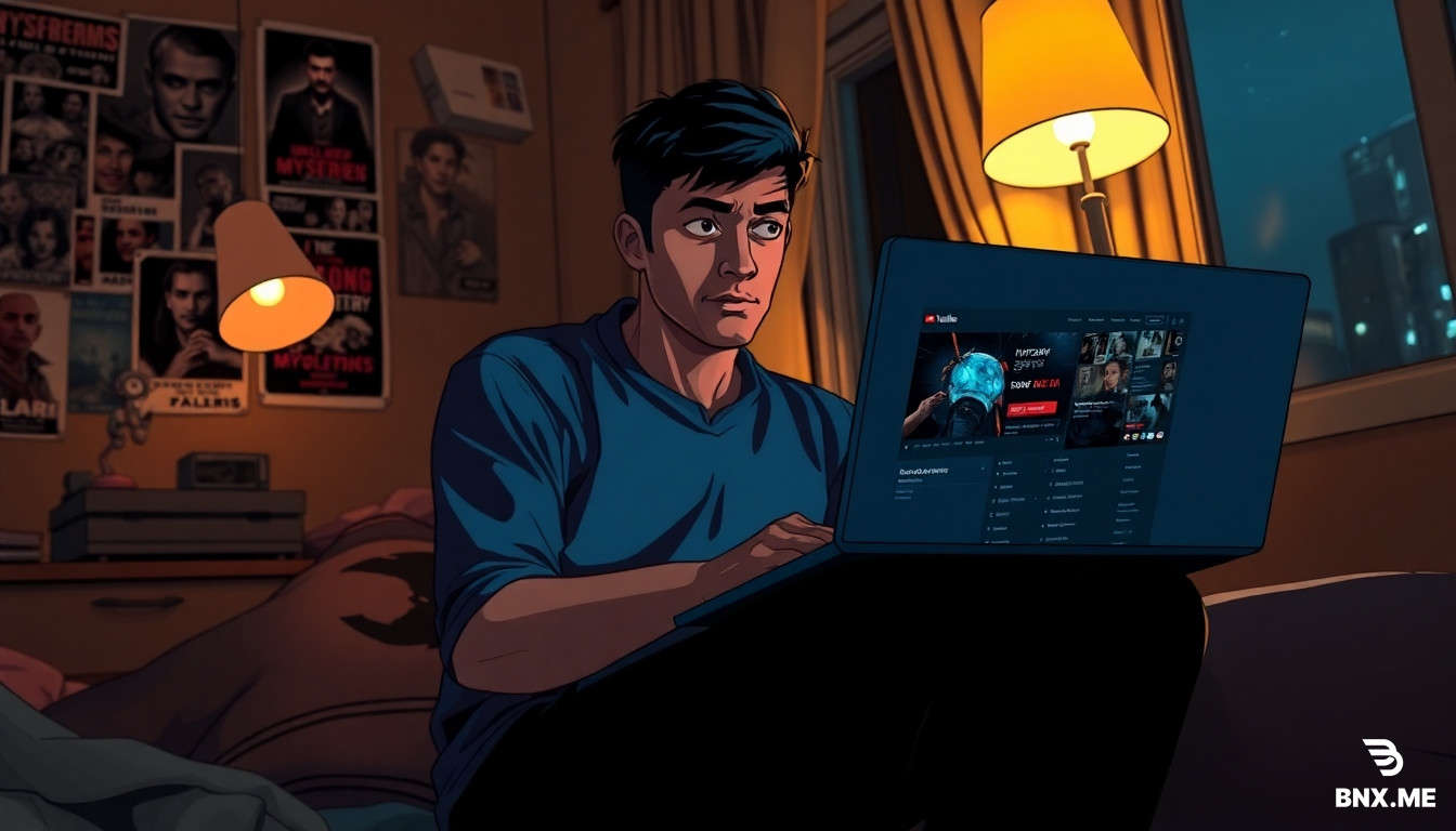 Visual Style: 2D Gritty Graphic Novel / Motion Comic Line Art. Camera Angle: Medium close-up, slightly Dutch angle (tilting). Character Details: Aditya (28, male, black hair with slight stubble, dark blue shirt, black jeans) sitting on the edge of a bed in a dimly lit Delhi apartment. He is watching horror documentaries on a laptop. His eyes are wide, curious, not scared. Scene Description: Aditya’s room - messy, posters of unsolved mysteries on wall, a YouTube dashboard open on laptop with subscriber count showing 125k. Night time outside window. Color Palette: Warm tungsten light from a desk lamp, cool blue from laptop screen, deep brown shadows. Lighting: High contrast — lamp light from right, laptop screen from left, creating split lighting on face. Blocky shadows under chin and behind him. Texture: Film grain + gritty matte. Aspect Ratio: 16:9.