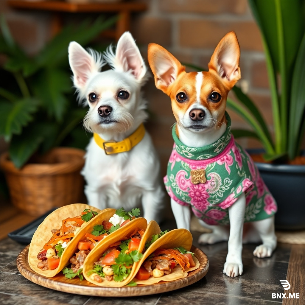a Maltese dog and a Jack Russel dog wearing pretty dog coats in front of a platter of tacos