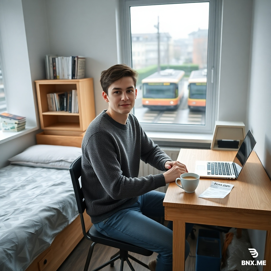 Photorealistic, medium shot of a young international student sitting at a simple wooden desk in a modest, cozy dorm room in Oslo, Norway. The room has a single bed with a plain duvet, a small bookshelf with a few textbooks, a laptop open, and a window showing a rainy Scandinavian street with trams. On the desk, there is a calculator, a cup of coffee, and a grocery receipt from "Rema 1000". The student looks focused but calm, wearing a warm sweater. The lighting is soft, overcast daylight from the window. No text, no letters, no numbers on any object. No watermarks, no logos, no brand names visible on clothes, devices, or products. No flags, no political symbols. No advertising or promotional elements. Neutral, documentary style. Aspect ratio 1:1