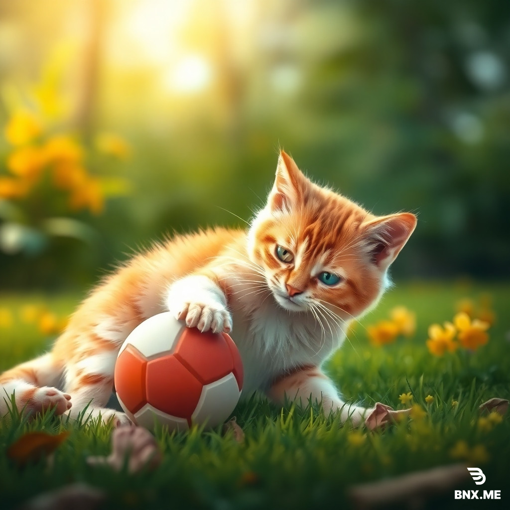 Draw me a picture of a cat playing with a ball in nature.