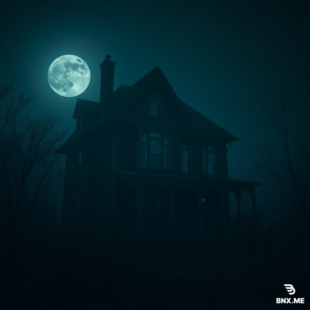 "Dark abandoned Victorian house at night, full moon behind it, overgrown weeds, broken windows, eerie atmosphere, foggy, dim moonlight, ultra-realistic, horror aesthetic, cinematic composition, 8k resolution, high contrast, dark moody colors, vertical 9:16."