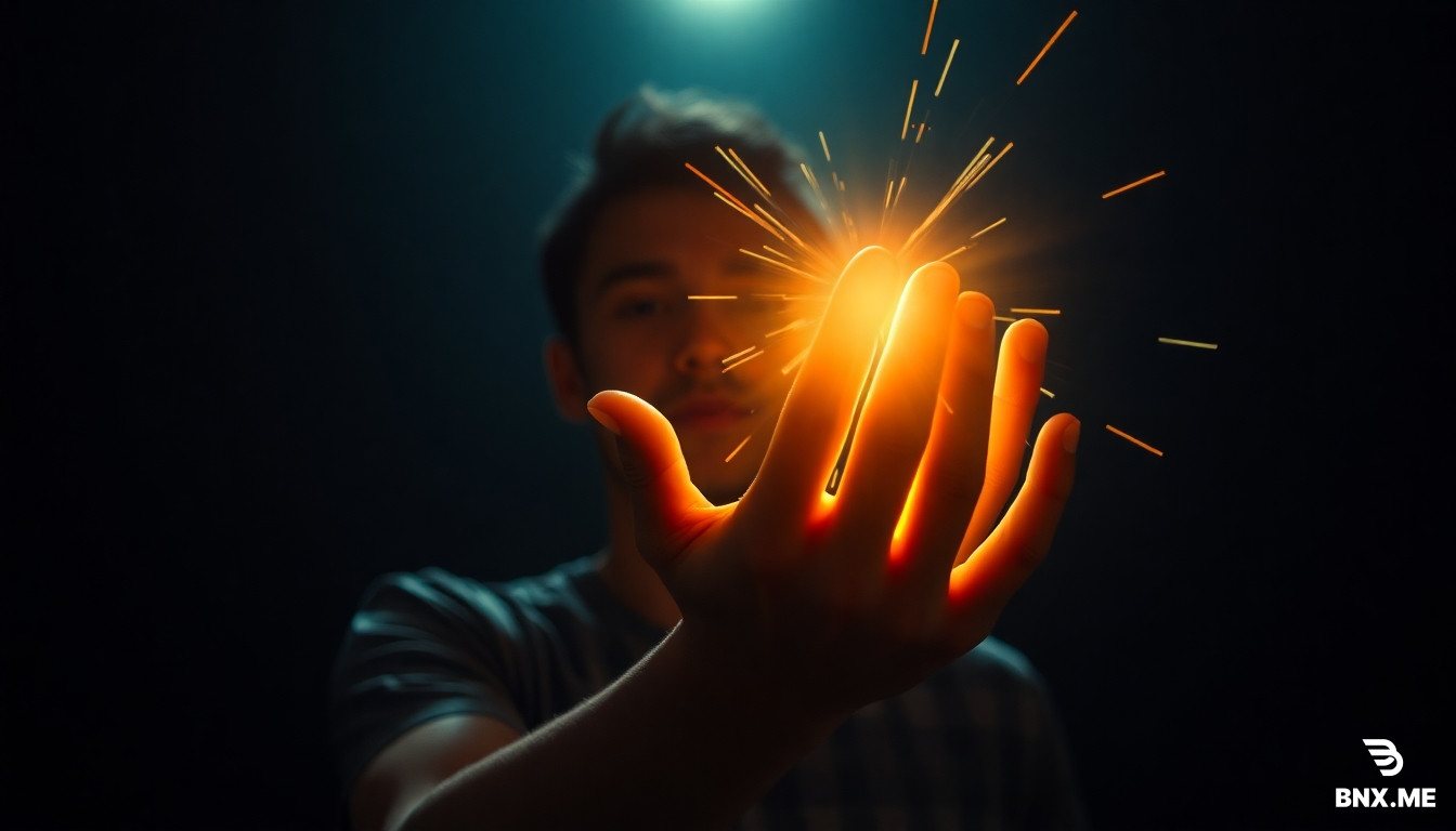 A young man shines a dazzling light towards the POV with the palm of his hand.