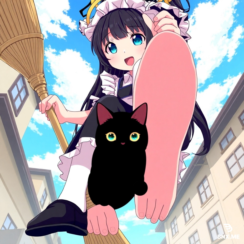aris_(blue archive) (score_9,score_8_up,score_7_up),<lora:aris_(blue archive)-v1:1>,aris_(blue archive),feet,blue eyes,pantyhose,soles,long hair,shoes,halo,black hair,broom,maid,day,dress,open mouth,sky,toes,very long hair,outdoors,cat,black footwear,no shoes,white pantyhose,multiple girls,apron,broom riding,blue sky,building,looking at viewer,short sleeves,maid headdress,v,black dress,bangs,shoes removed,1girl,from below,cloud,foot focus,frills,black cat,good feet,very beautiful,foreshortening,ultra hd 32k,expressive,anime,NSFW,