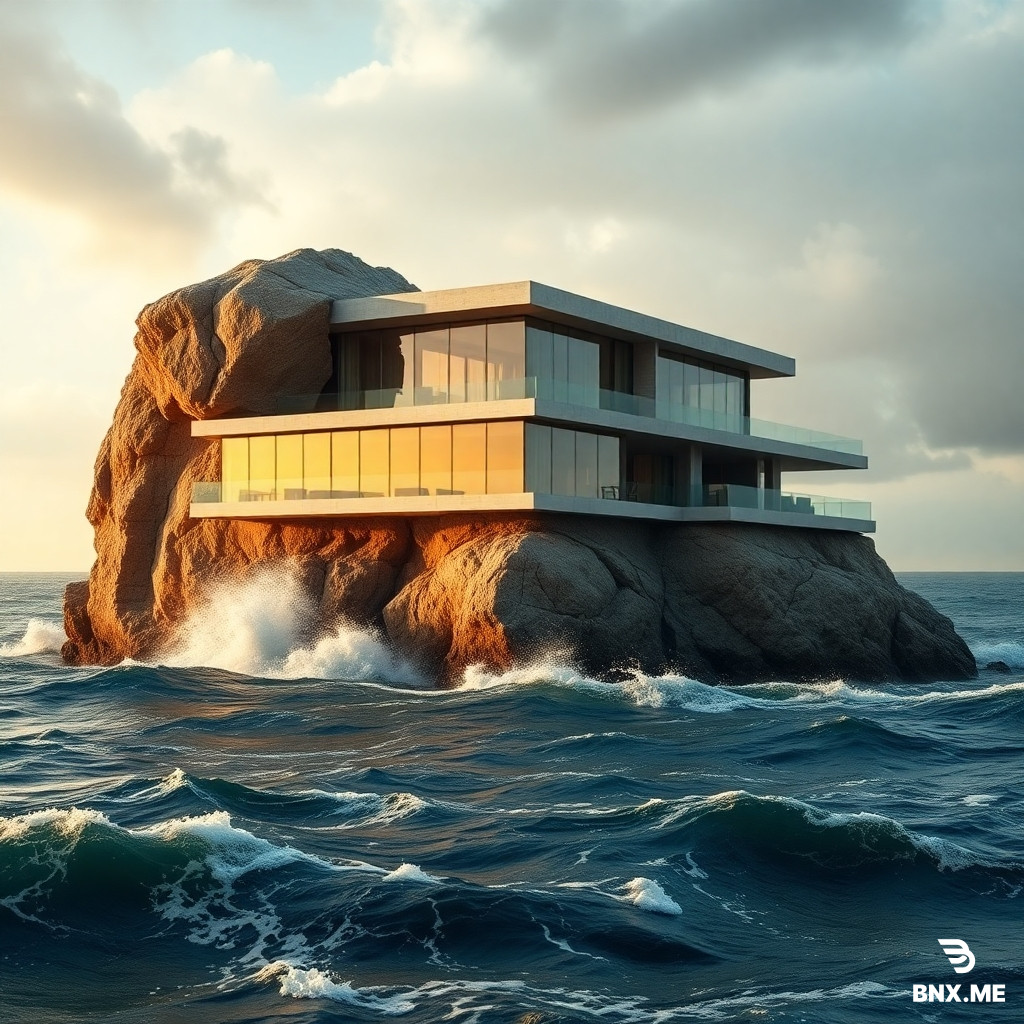 A modern high-tech villa with panoramic windows and clean lines, made of concrete, glass, and metal. It's a really big, modern villa built right up against a cliff, so instead of one wall, it uses the cliff itself. In front of the rock and the villa is the sea, the sea surface is rough, stormy and with large waves, sunlight shines through the clouds onto the villa. Superrealism. 4K